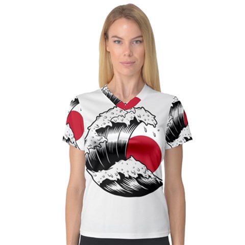 Japanese Sun & Wave V-neck Sport Mesh T-shirt by Cendanart