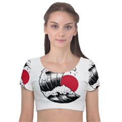 Japanese Sun & Wave Velvet Short Sleeve Crop Top  by Cendanart