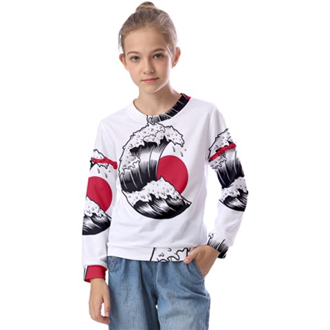 Japanese Sun & Wave Kids  Long Sleeve T-shirt With Frill  by Cendanart