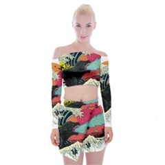 Retro Wave Kaiju Godzilla Japanese Pop Art Style Off Shoulder Top With Mini Skirt Set by Cendanart