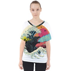 Retro Wave Kaiju Godzilla Japanese Pop Art Style V-neck Dolman Drape Top by Cendanart