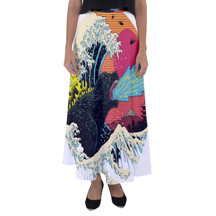 Retro Wave Kaiju Godzilla Japanese Pop Art Style Flared Maxi Skirt