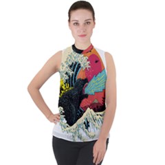 Retro Wave Kaiju Godzilla Japanese Pop Art Style Mock Neck Chiffon Sleeveless Top by Cendanart