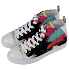 Retro Wave Kaiju Godzilla Japanese Pop Art Style Women s Mid-top Canvas Sneakers by Cendanart