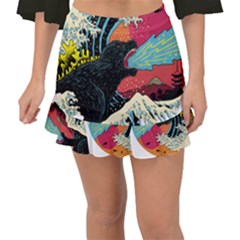 Retro Wave Kaiju Godzilla Japanese Pop Art Style Fishtail Mini Chiffon Skirt by Cendanart