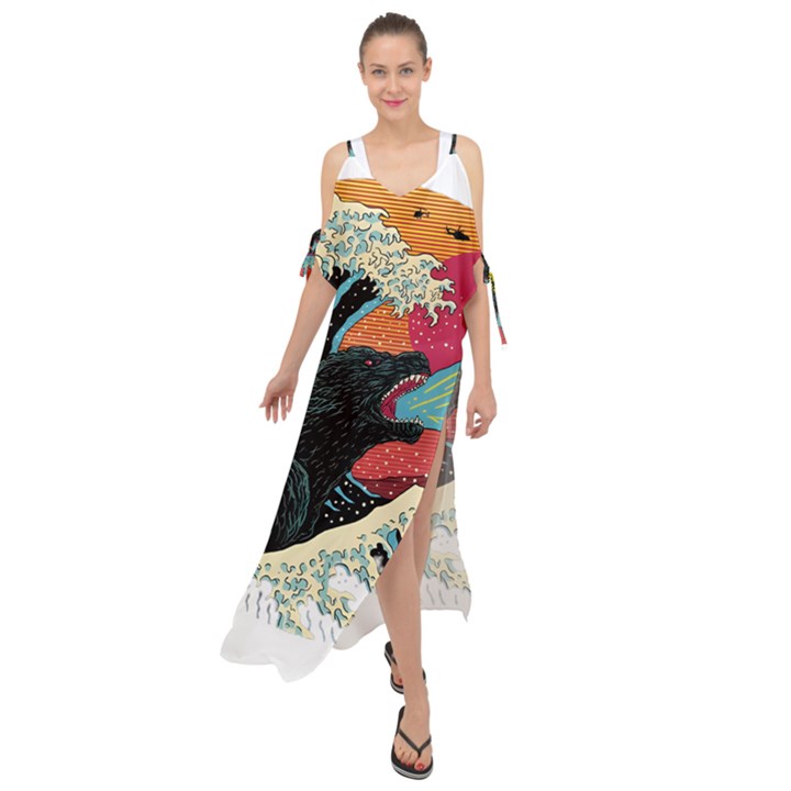 Retro Wave Kaiju Godzilla Japanese Pop Art Style Maxi Chiffon Cover Up Dress