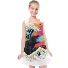 Retro Wave Kaiju Godzilla Japanese Pop Art Style Kids  Cross Back Dress by Cendanart