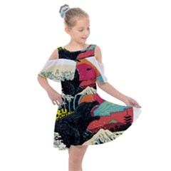 Retro Wave Kaiju Godzilla Japanese Pop Art Style Kids  Shoulder Cutout Chiffon Dress by Cendanart