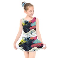 Retro Wave Kaiju Godzilla Japanese Pop Art Style Kids  Skater Dress Swimsuit by Cendanart