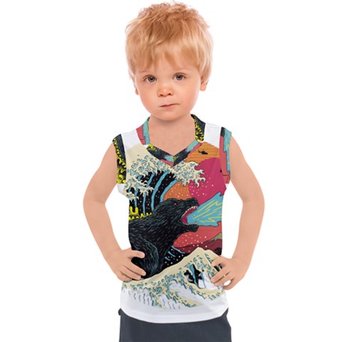 Retro Wave Kaiju Godzilla Japanese Pop Art Style Kids  Sport Tank Top by Cendanart