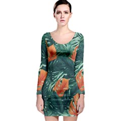 Green Tropical Leaves Long Sleeve Bodycon Dress by Jack14