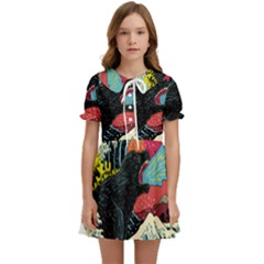 Retro Wave Kaiju Godzilla Japanese Pop Art Style Kids  Sweet Collar Dress by Cendanart