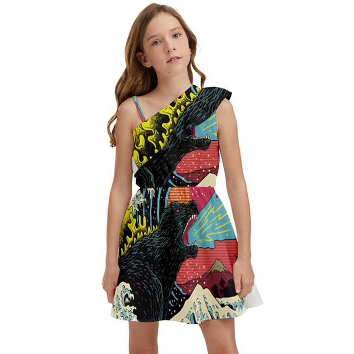 Retro Wave Kaiju Godzilla Japanese Pop Art Style Kids  One Shoulder Party Dress