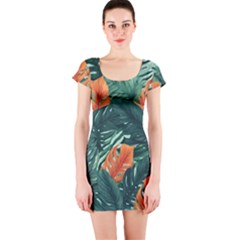 Green Tropical Leaves Short Sleeve Bodycon Dress by Jack14