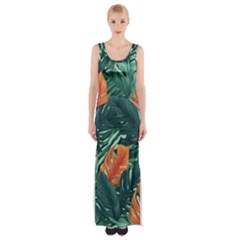 Green Tropical Leaves Thigh Split Maxi Dress by Jack14