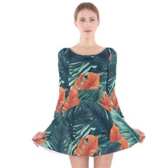 Green Tropical Leaves Long Sleeve Velvet Skater Dress by Jack14