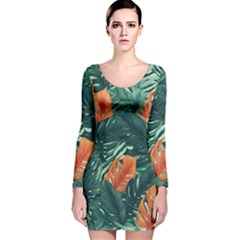 Green Tropical Leaves Long Sleeve Velvet Bodycon Dress by Jack14