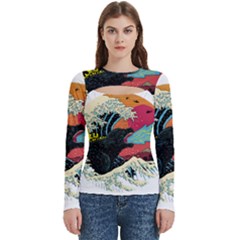 Retro Wave Kaiju Godzilla Japanese Pop Art Style Women s Cut Out Long Sleeve T-shirt by Cendanart