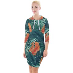 Green Tropical Leaves Quarter Sleeve Hood Bodycon Dress by Jack14