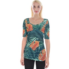 Green Tropical Leaves Wide Neckline T-Shirt