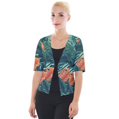 Green Tropical Leaves Cropped Button Cardigan