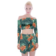 Green Tropical Leaves Off Shoulder Top with Mini Skirt Set