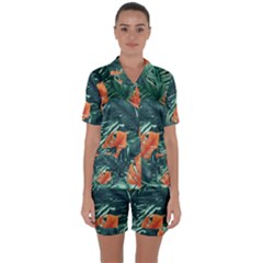 Green Tropical Leaves Satin Short Sleeve Pajamas Set