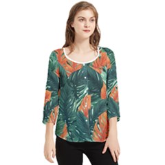 Green Tropical Leaves Chiffon Quarter Sleeve Blouse