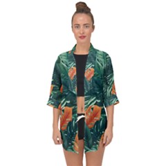 Green Tropical Leaves Open Front Chiffon Kimono by Jack14