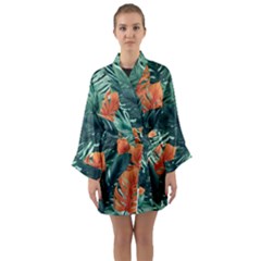 Green Tropical Leaves Long Sleeve Satin Kimono