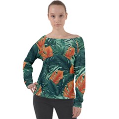 Green Tropical Leaves Off Shoulder Long Sleeve Velour Top by Jack14