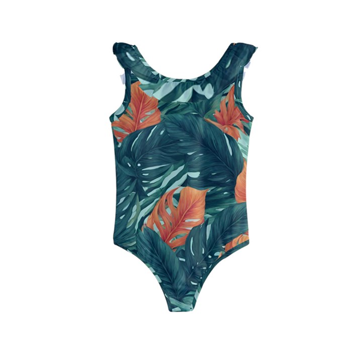 Green Tropical Leaves Kids  Frill Swimsuit