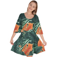 Green Tropical Leaves Velour Kimono Dress by Jack14