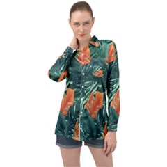 Green Tropical Leaves Long Sleeve Satin Shirt