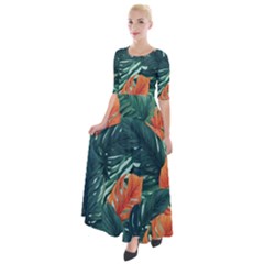 Green Tropical Leaves Half Sleeves Maxi Dress by Jack14