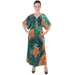 Green Tropical Leaves V-Neck Boho Style Maxi Dress