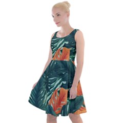 Green Tropical Leaves Knee Length Skater Dress