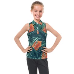 Green Tropical Leaves Kids  Sleeveless Polo T-Shirt