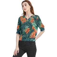 Green Tropical Leaves Quarter Sleeve Blouse