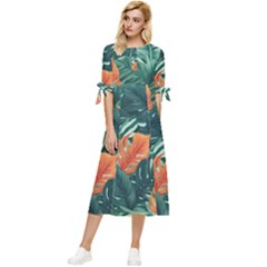 Green Tropical Leaves Bow Sleeve Chiffon Midi Dress