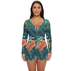 Green Tropical Leaves Long Sleeve Boyleg Swimsuit