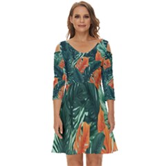 Green Tropical Leaves Shoulder Cut Out Zip Up Dress