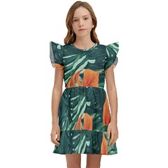 Green Tropical Leaves Kids  Winged Sleeve Dress