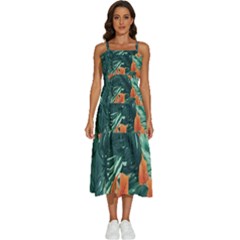 Green Tropical Leaves Sleeveless Shoulder Straps Boho Dress