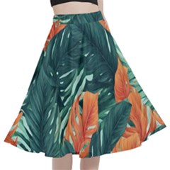 Green Tropical Leaves A-Line Full Circle Midi Skirt With Pocket