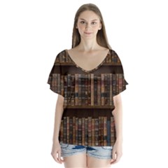 Old Bookshelf Orderly Antique Books V-neck Flutter Sleeve Top by Cendanart