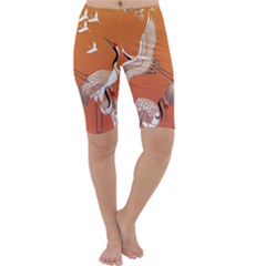 Japanese Crane Painting Of Birds Cropped Leggings  by Cendanart