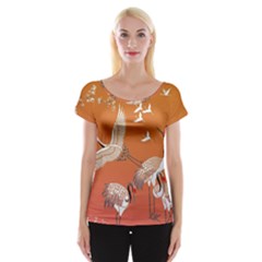 Japanese Crane Painting Of Birds Cap Sleeve Top by Cendanart