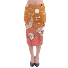 Japanese Crane Painting Of Birds Midi Pencil Skirt by Cendanart