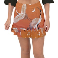 Japanese Crane Painting Of Birds Fishtail Mini Chiffon Skirt by Cendanart